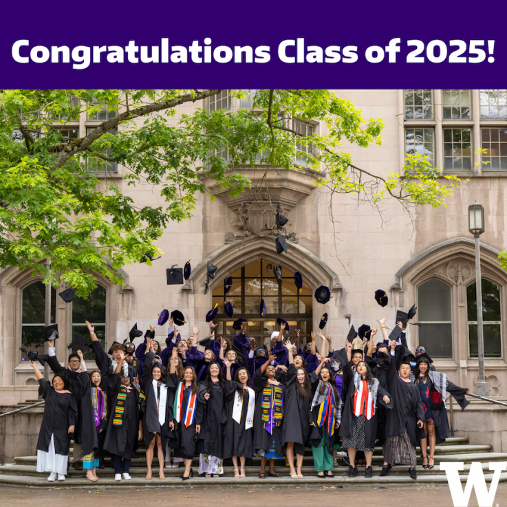 Group shot of the DGH Graduates wearing graduation gowns and throwing their hats up into the air, while standing on the steps of an ornate UW buidling.