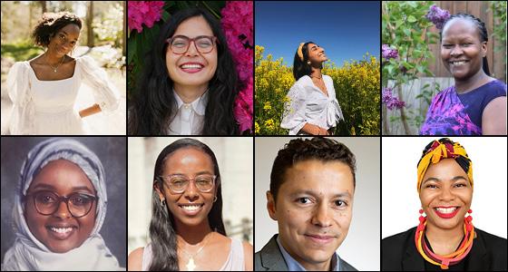 Clockwise from upper left: Dorothy Thomas, Evalynn Romano, Avneet Bhullar, Beatrice Wamuti, Naomi Nkinsi, Juan Osorio, Debora Ferede, Sumaya Mohamed