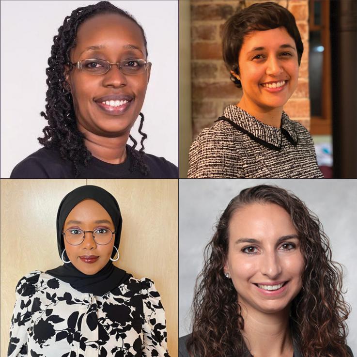 Photo collage of outstanding global health student award winners. Clockwise from top left: Dr. Elizabeth Irungu, Veronica Angali Davé, Alyssa Hummel, Saida Mahamud Tukri 