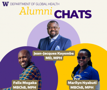 Graphic with text saying DGH Alumni Chats and the headshots of Marilyn Nyabuti, Felix Mogaka, and Jean-Jacques Kayembe, each in a purple or yellow colored circle. 
