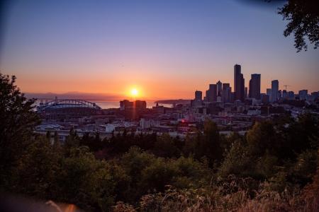 The Seattle skyline at sunset.